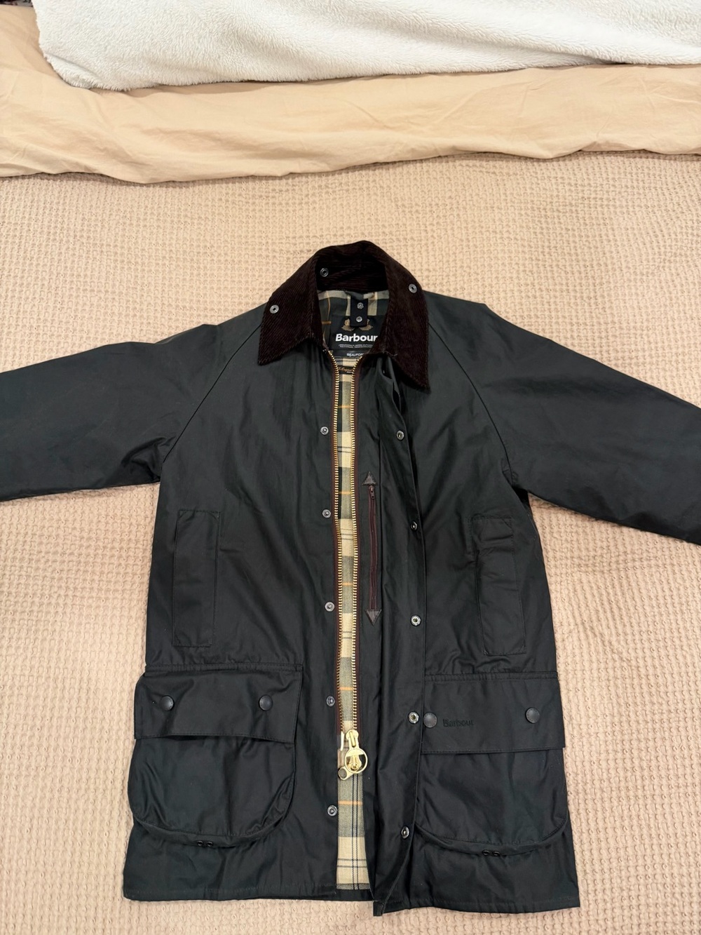 Barbour Green Waxed Field Jacket with Corduroy Collar